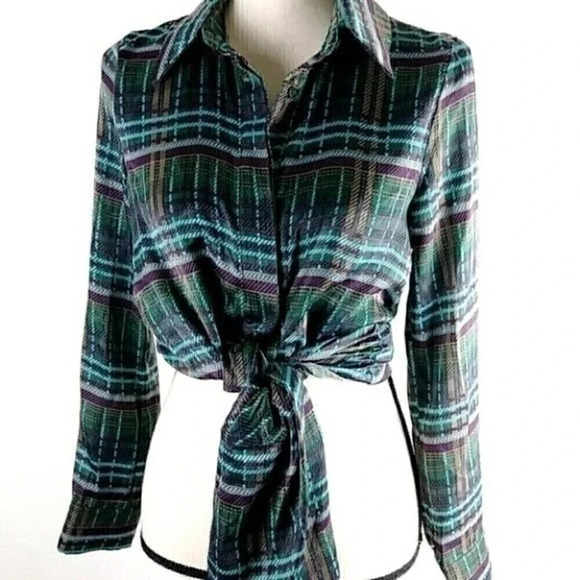 JOA Green Satin Plaid Tie Front Silky Long Sleeve Top Tie Front Button Down - Picture 6 of 15